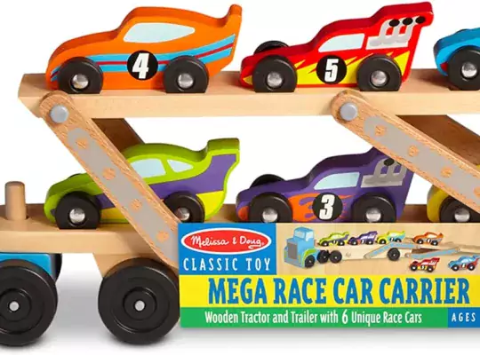 Melissa & Doug Mega Race-Car Carrier – Wooden Tractor and Tr