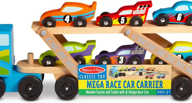 Melissa & Doug Mega Race-Car Carrier – Wooden Tractor and Tr